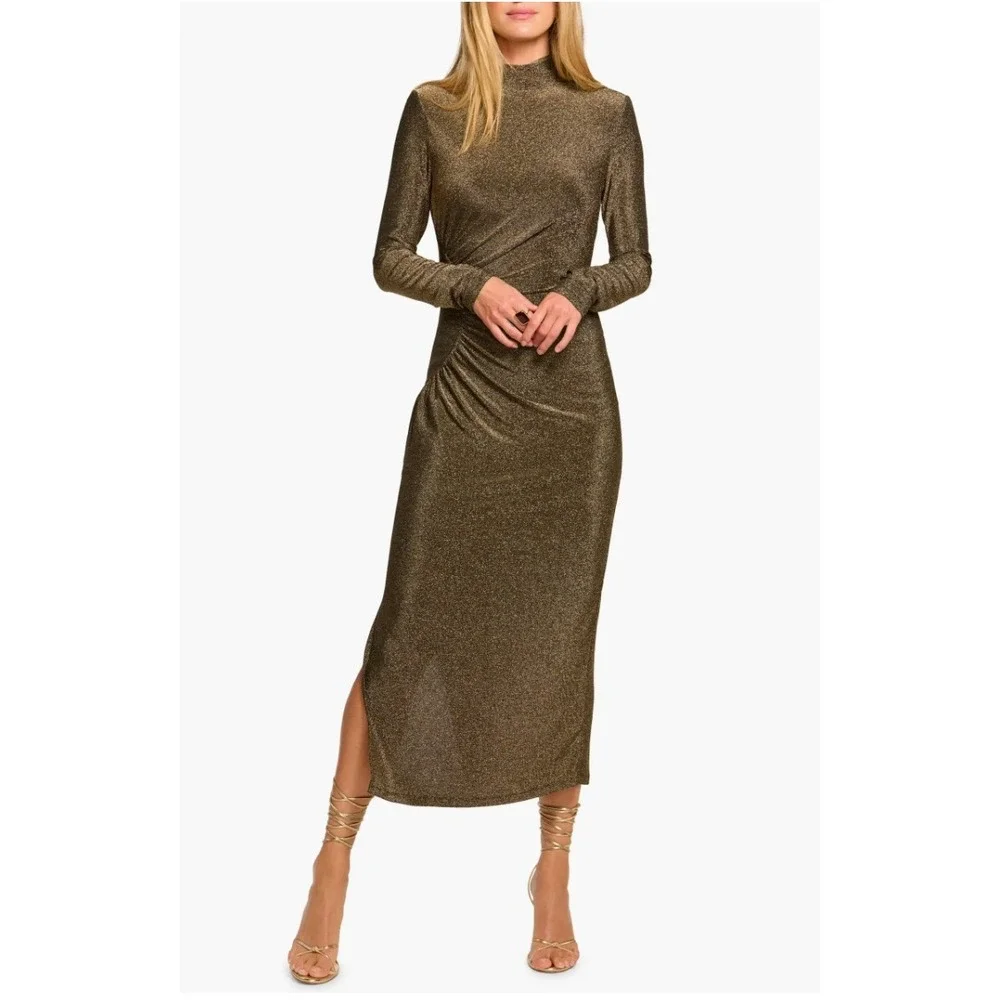 Ramy Brook Amarilys Dress Metallic Gold Shimmer Mock Neck Ruched Midi Sz L - Picture 5 of 15